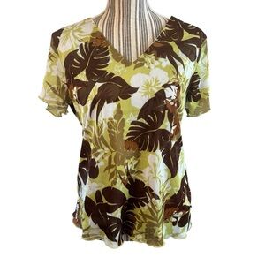 Pappagallo Top Large Tropical Floral V-Neck Green Brown White Short Sleeves